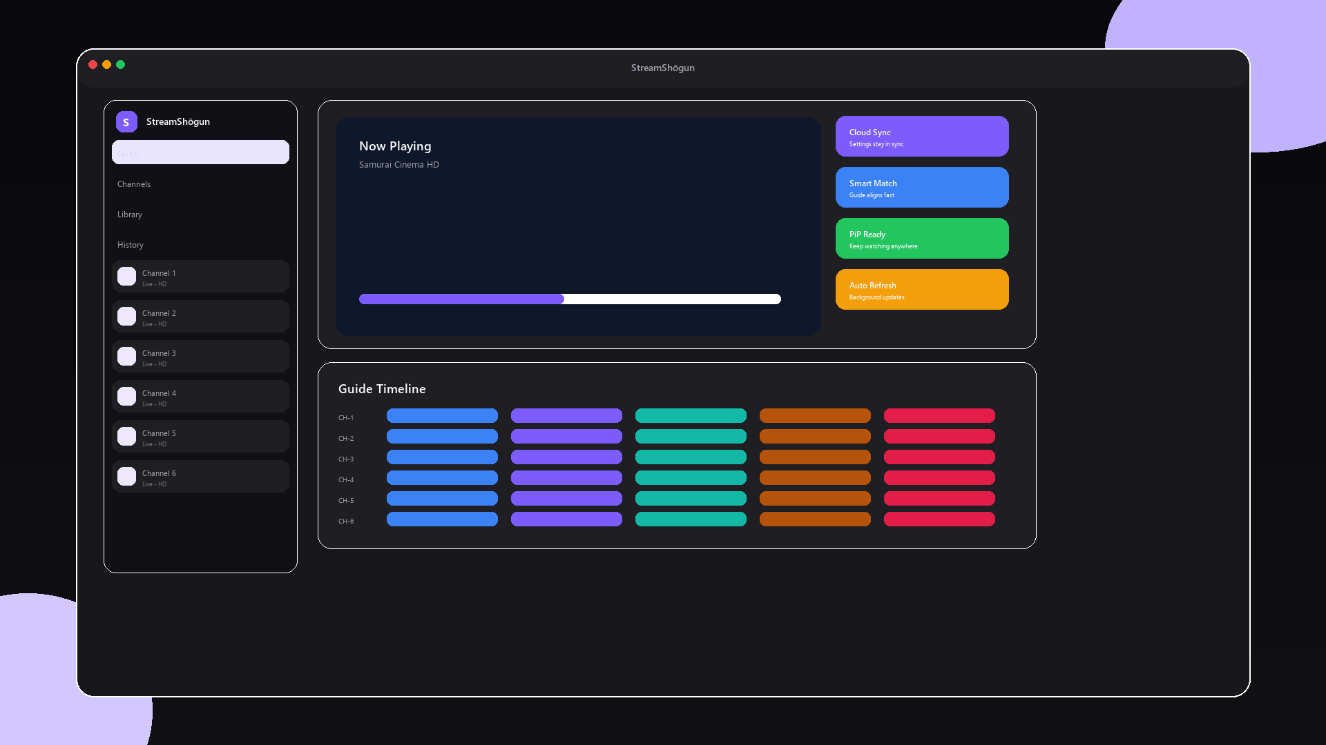 StreamShōgun playlist management interface showing channels, EPG guide, and playback controls