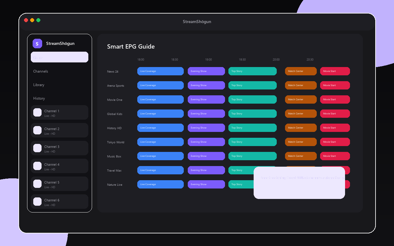 EPG programme guide with timeline and channel listings