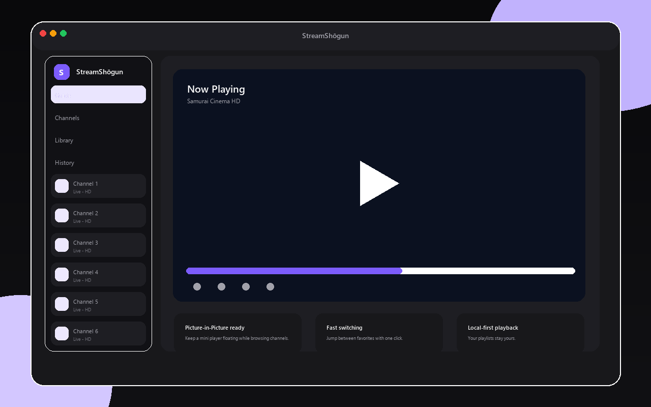 Now playing screen with HLS video, volume control, and channel info
