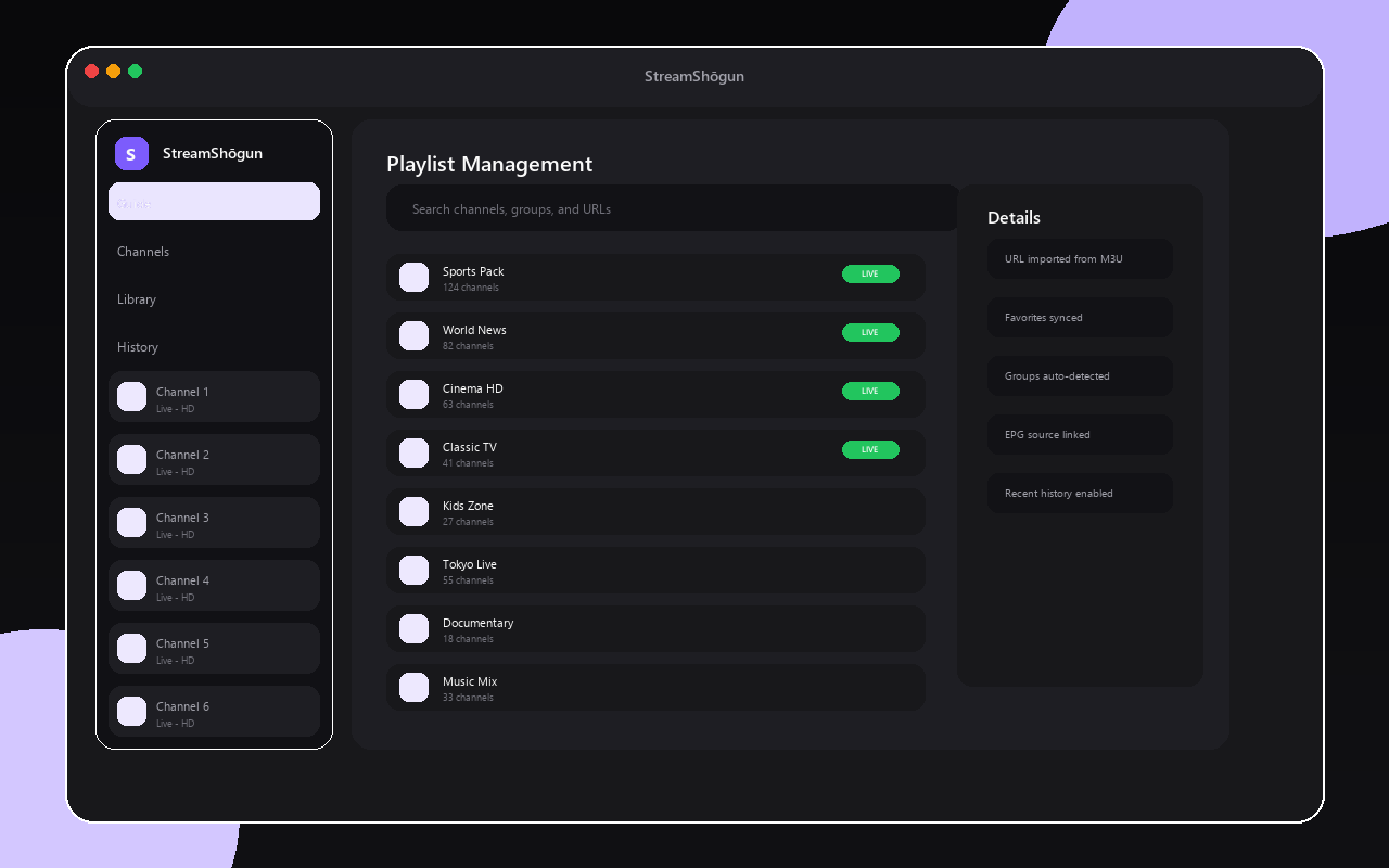 Playlist management view with channel list, search, and favorites