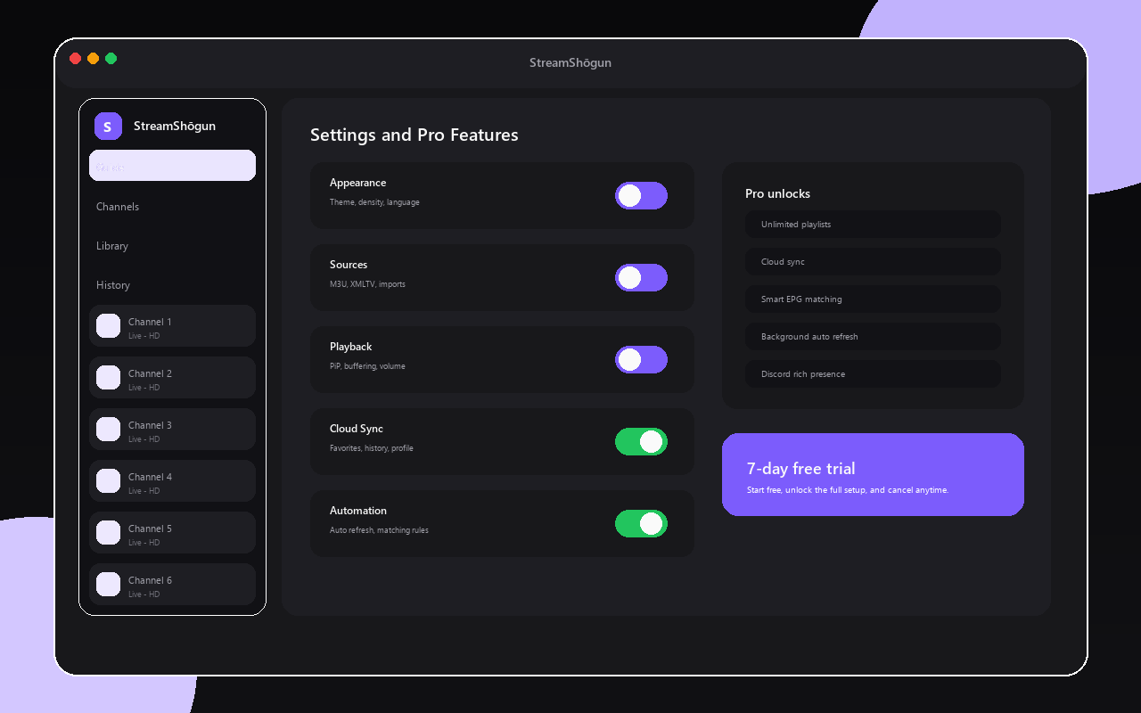 Settings screen showing theme, source management, and Pro features